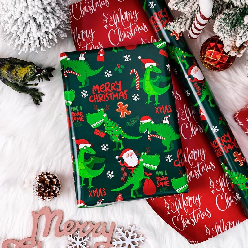 Yarcony Dinosaur Christmas Wrapping Paper, Green Wrapping Paper Roll, Reversible Happy Dinosaur and Santa Claus Dino Christmas Gift Wrap for Kids Boys Men Holiday Present Packaging (17 Inch X 33 Feet) - Image 2